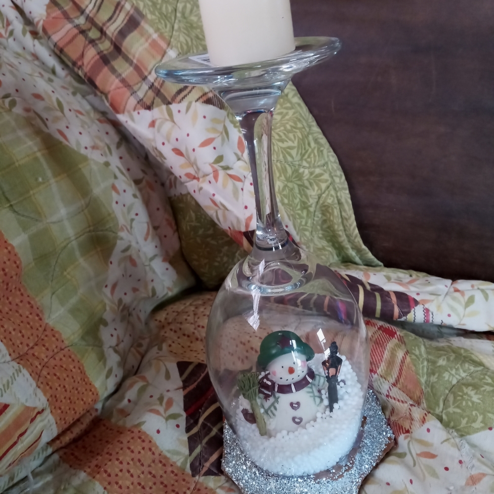 Christmas wineglass snowglobe candle holder